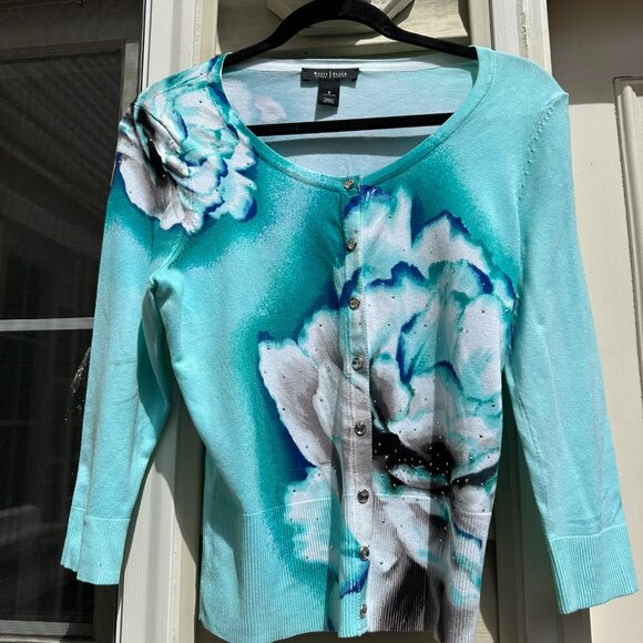 WHBM (White House Black Market) Turquoise Floral Cardigan, Size S - Picture 5 of 5
